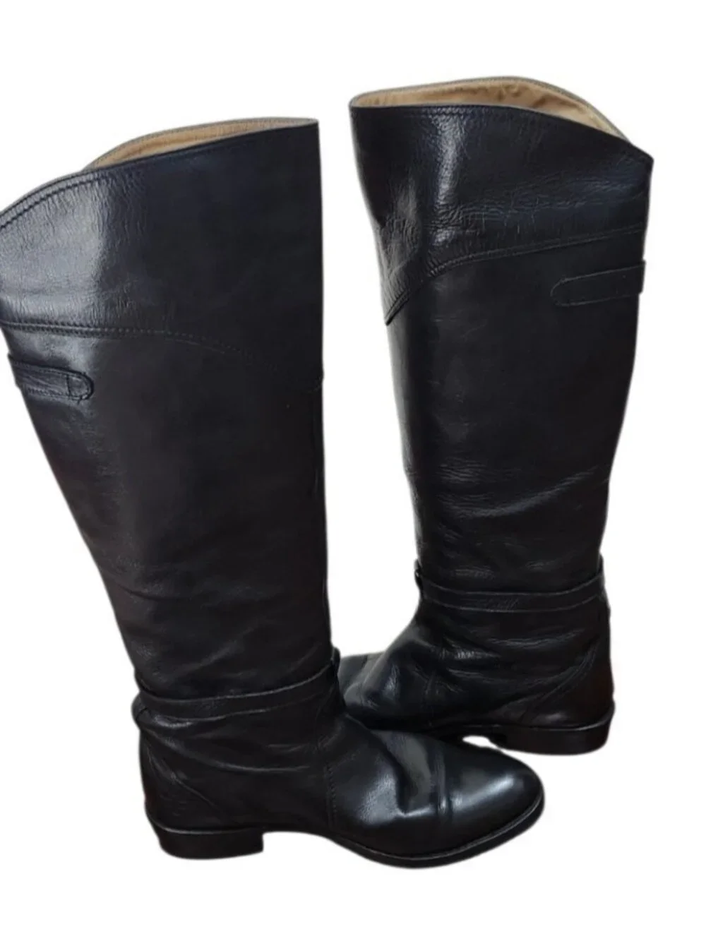 FRYE Black Leather Tall Riding Boots Size 8 Made in Spain Goodyear Welt Buckle